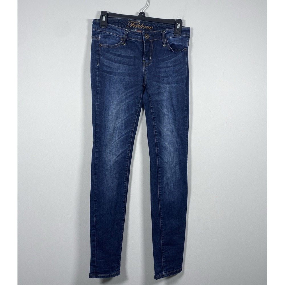 Fishbone Skinny Jeans Womens 28 Dark Wash Blue Stretch Denim Whiskered Slim Y2K